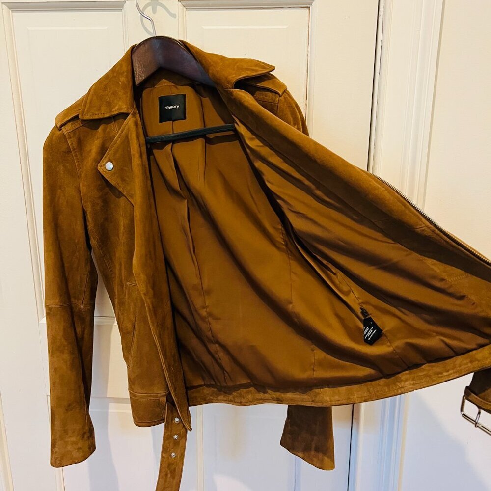 Theory Suede Goat Leather Womens Cognac Brown Tan Bike Jacket Coat Size Small - Picture 4 of 16